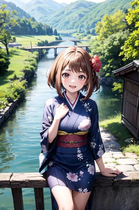 (masterpiece, best quality, detailed), 1girl, solo, looking at viewer, ochako uraraka, brown hair,brown eyes, short hair,
yukata, kimono, obi, print kimono, japanese clothes, short kimono, hair flower, outdoors, house, rural, village, scenery, path, river, bridge, leaning forward, adjusting hair, hand in own hair, hand on own thigh, from above, smile, open mouthhair,brown eyes, short hair,