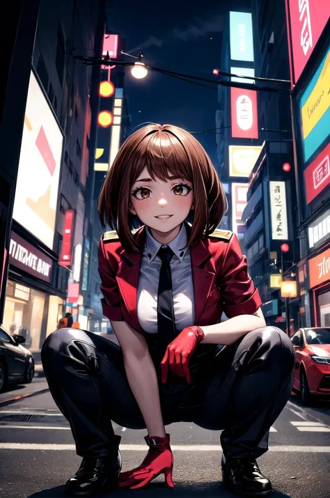 (masterpiece, best quality, detailed), 1girl, solo, looking at viewer, ochako uraraka, brown hair,brown eyes, short hair,
short sleeves, black pants, black necktie, red shirt, red gloves, jacket on shoulders, black jacket, outdoors, cyberpunk, city, night, city lights, neon lights, car, dark, squatting, from below, spread legs, smirk, smile, parted lips, v-shaped eyebrowshair,brown eyes, short hair,