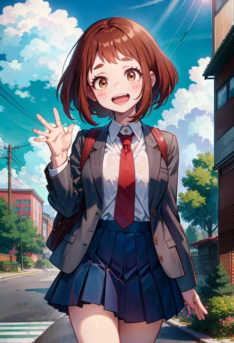 nsfw, uraraka ochako, 1girl, u.a._school_uniform, school_uniform, solo, necktie, blush_stickers, skirt, open_mouth, looking_at_viewer, smile, red_necktie, pleated_skirt, jacket, sky, bag, day, cloud, backpack, blazer, :d, long_sleeves, teeth, shirt, grey_jacket, blue_sky, tree, collared_shirt, outdoors, white_shirt, blush, waving, green_skirt, upper_teeth_only, window, cowboy_shot, standing, cloudy_sky, <lora:uraraka_ochako:1>