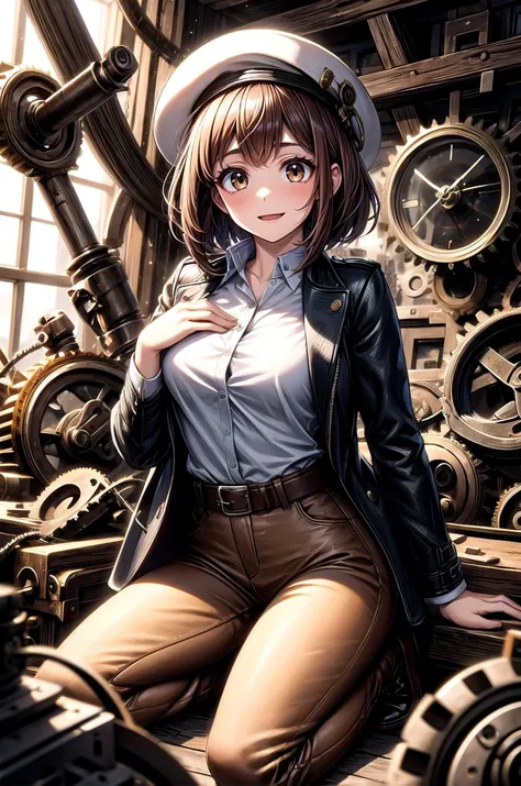 (masterpiece, best quality, detailed), 1girl, solo, looking at viewer, ochako uraraka, brown hair,brown eyes, short hair,
fedora, brown headwear, brown pants, black belt, cowboy hat, brown jacket, leather jacket, indiana jones, white shirt, satchel, <lora:gearEntangle:0.5>, gear, machine, indoors, clock, chair, table, book stack, kneeling, hand on own chest, smile, closed mouthhair,brown eyes, short hair,