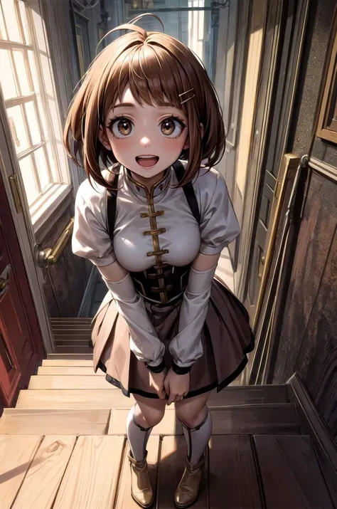 (masterpiece, best quality, detailed), 1girl, solo, looking at viewer, ochako uraraka, brown hair,brown eyes, short hair,
<lora:MadokaCostumePackV1_2:0.9>, mami outfit, stairs, indoors, stairwell, dark, night, shadow, indian style, hands on feet, smile, open mouth