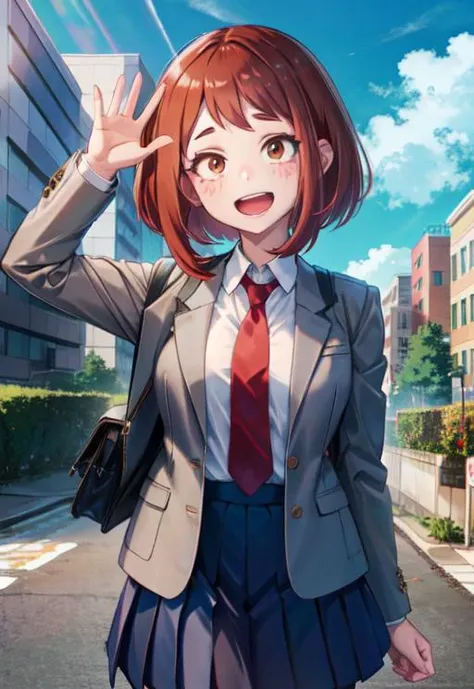 nsfw, uraraka ochako, 1girl, u.a._school_uniform, school_uniform, solo, necktie, blush_stickers, skirt, open_mouth, looking_at_viewer, smile, red_necktie, pleated_skirt, jacket, sky, bag, day, cloud, backpack, blazer, :d, long_sleeves, teeth, shirt, grey_jacket, blue_sky, tree, collared_shirt, outdoors, white_shirt, blush, waving, green_skirt, upper_teeth_only, window, cowboy_shot, standing, cloudy_sky, <lora:uraraka_ochako:1>