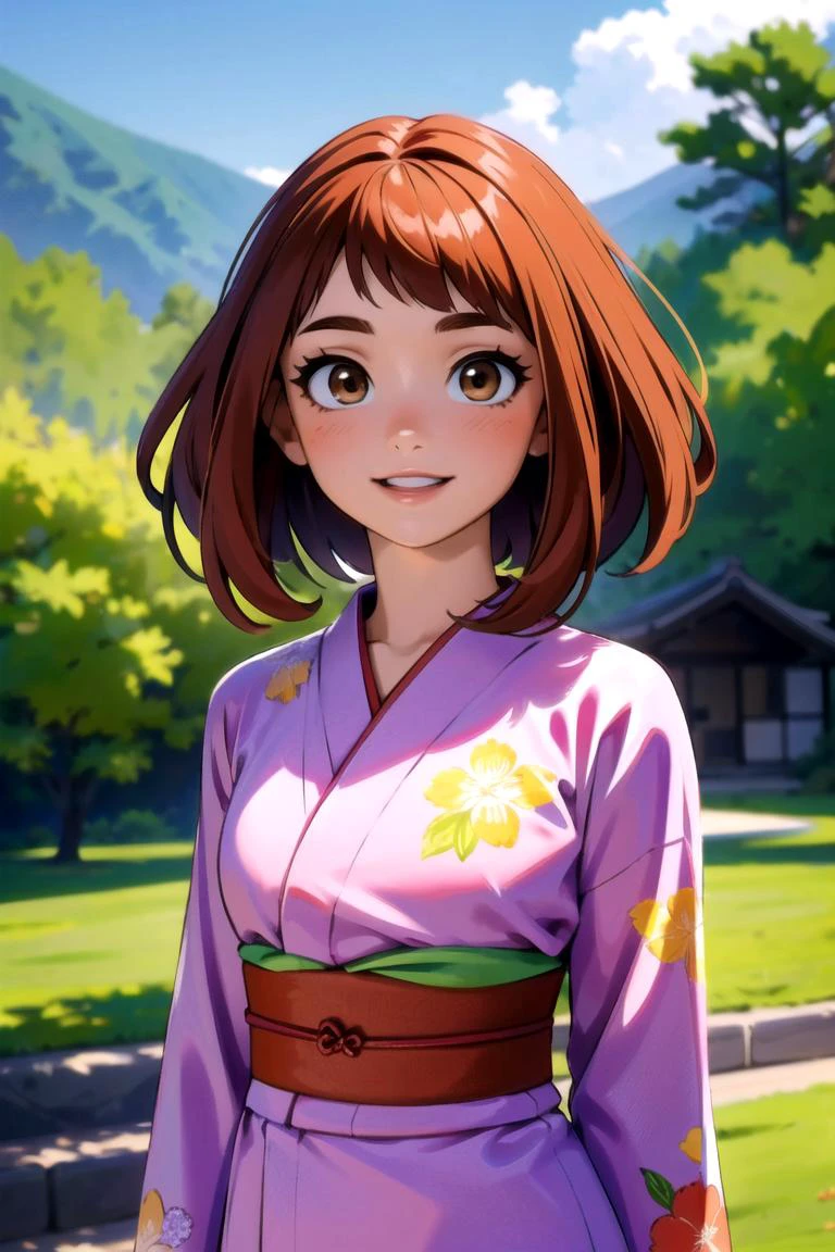 uraraka ochako, long sleeves, looking at viewer, parted lips, 1girl, blush, arms behind back, outdoors background, solo, dress, japanese clothes, floral print, yukata,brown eyes, brown hair , smile ,parted lips,<lora:uraraka_ochako:1>, BREAK (masterpiece:1.2), best quality, high resolution, unity 8k wallpaper, (illustration:0.8), extremely detailed face, perfect lighting, extremely detailed CG, (perfect hands, perfect anatomy), (masterpiece, best_quality, ultra-detailed, immaculate:1.3), epic, illustration, render, <lora:GoodHands-vanilla:1.2>, <lora:colorize:1>,