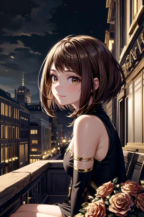 (masterpiece, best quality, detailed), 1girl, solo, looking at viewer, ochako uraraka, brown hair,brown eyes, short hair,
<lora:LuxTech-20:1>, luxtech, gold, luxurious, town, building, flower, victorian, rose, outdoors, london, sitting, from side, smile, closed mouth