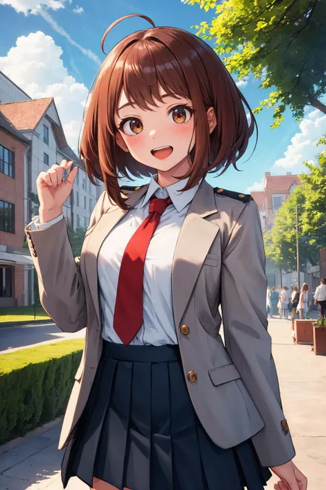 (masterpiece, best quality:1.2), solo, 1girl,
ochako uraraka, brown hair,brown eyes, short hair,
, u.a._school_uniform, school_uniform, solo, necktie, blush_stickers, skirt, open_mouth, looking_at_viewer, smile, red_necktie, pleated_skirt, jacket, sky, day, cloud, blazer, :d, long_sleeves, shirt, grey_jacket, blue_sky, tree, collared_shirt, outdoors, white_shirt, blush, green_skirt, upper_teeth_only, window, cowboy_shot,
<lora:uraraka_ochako:0.7>