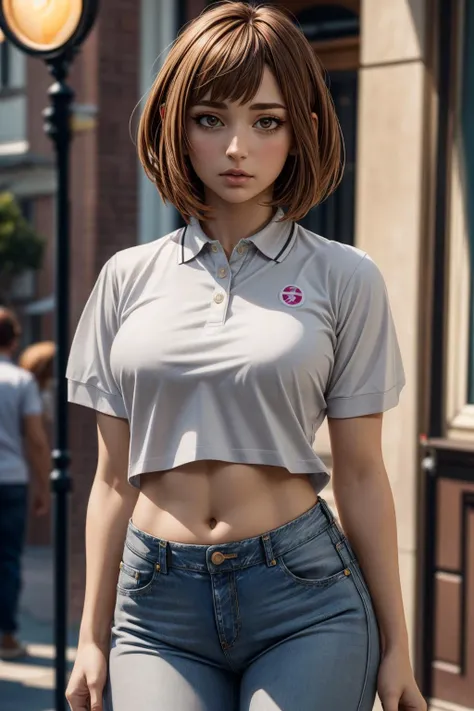 (ultra realistic,32k, masterpiece:1.2),(high detailed skin:1.1),( high quality:1.1),
mature, adult,<lora:add_detail:0.79>,
(standing, looking at viewer:1.1),
(tenebrism:1.1), ,blurry background,
BREAK <lora:uraraka_ochako:0.7>ochako uraraka, brown hair,brown eyes, short hair(makeup, mascara:0.9), (thick\lips\), , BREAK white cropped polo shirt, (huge breast:0.5),chubby, BREAK light grey denim pants,