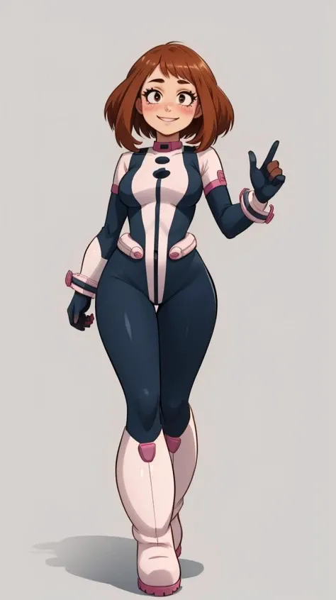 uraraka ochako, bodysuit, simple background, medium breasts, full body, boots, 1girl, sidelocks, blush stickers, clenched hand, superhero, white background, smile, black bodysuit, looking at viewer, solo<lora:uraraka_ochako:1>