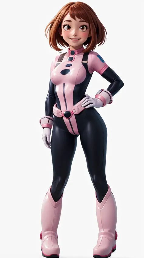 lince con chaqueta negra con gris, piernas cruzadas, sonriendo, con traje ajustado de spider Gwen