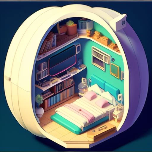 a bright photo of the Isometric_Dreams, a tv and a stereo in it and a book shelf, a table, a couch,a room with a bed