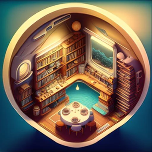 a photo of the weird Isometric_Dreams, a computer generated image of a house with a library and a bed in the center of the house, and a fireplace in the middle