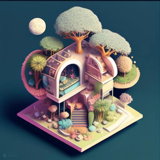 a close-up photo of the Isometric_Dreams, a tree house with a tower and a staircase inside of it, surrounded by trees and a moon in the sky