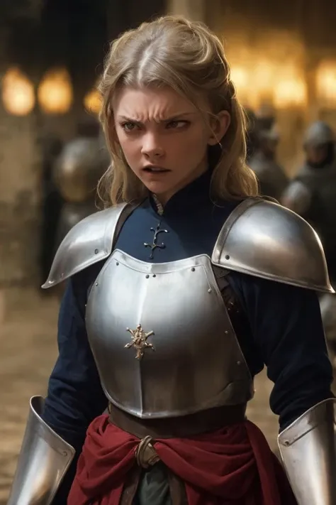 (movie still:1.25), face, 1girl, (medieval era:1.25), princess warrior, metal armor, at battlefield, angry expression, soft colors, bokeh, masterpiece, high quality, (high detailed skin:1.1)
<lora:natalie_dormer_lora_v02:1> nat82