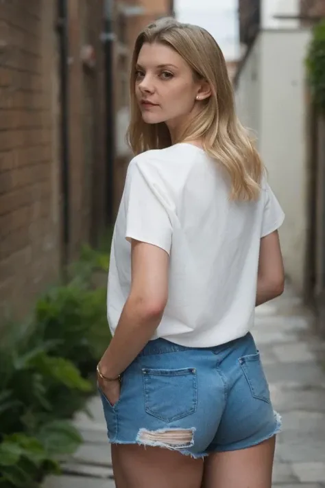 blond, 1girl, solo, look back, from behind, woman in an alleyway, tee, shorts, soft colors, bokeh, masterpiece, high quality, (high detailed skin:1.1)
<lora:natalie_dormer_lora_v02:1> nat82