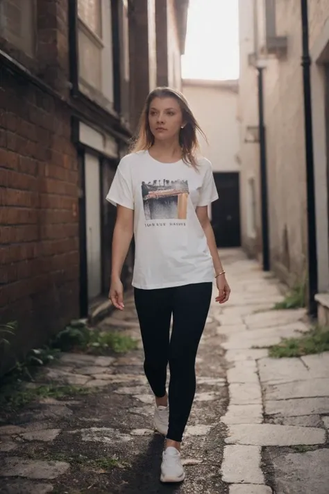 blond, 1girl, solo, woman walking in an alleyway, tee, leggings, soft colors, bokeh, masterpiece, high quality, (high detailed skin:1.1)
<lora:natalie_dormer_lora_v02:1> nat82