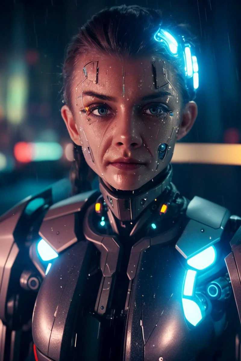 (movie still:1.25), face, 1girl, (futuristic cyborg lady:1.25), mechanical body, rainy, wet, at night, neon light, soft colors, bokeh, masterpiece, high quality, (high detailed skin:1.1)
<lora:natalie_dormer_lora_v02:1> nat82