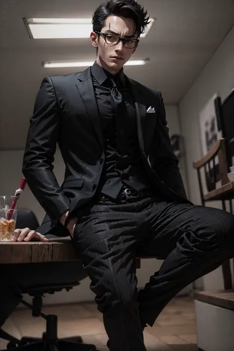 (masterpiece, best quality:1.3),  , (allblacksuit:1.1), 1boy, hands in pockets, loose suit, menacing, glowing red eyes, <lora:attire_allblacksuit-12:0.75>, solo, sitting on chair, one leg up on table, glasses, scars, cool, dark dynamic lighting,