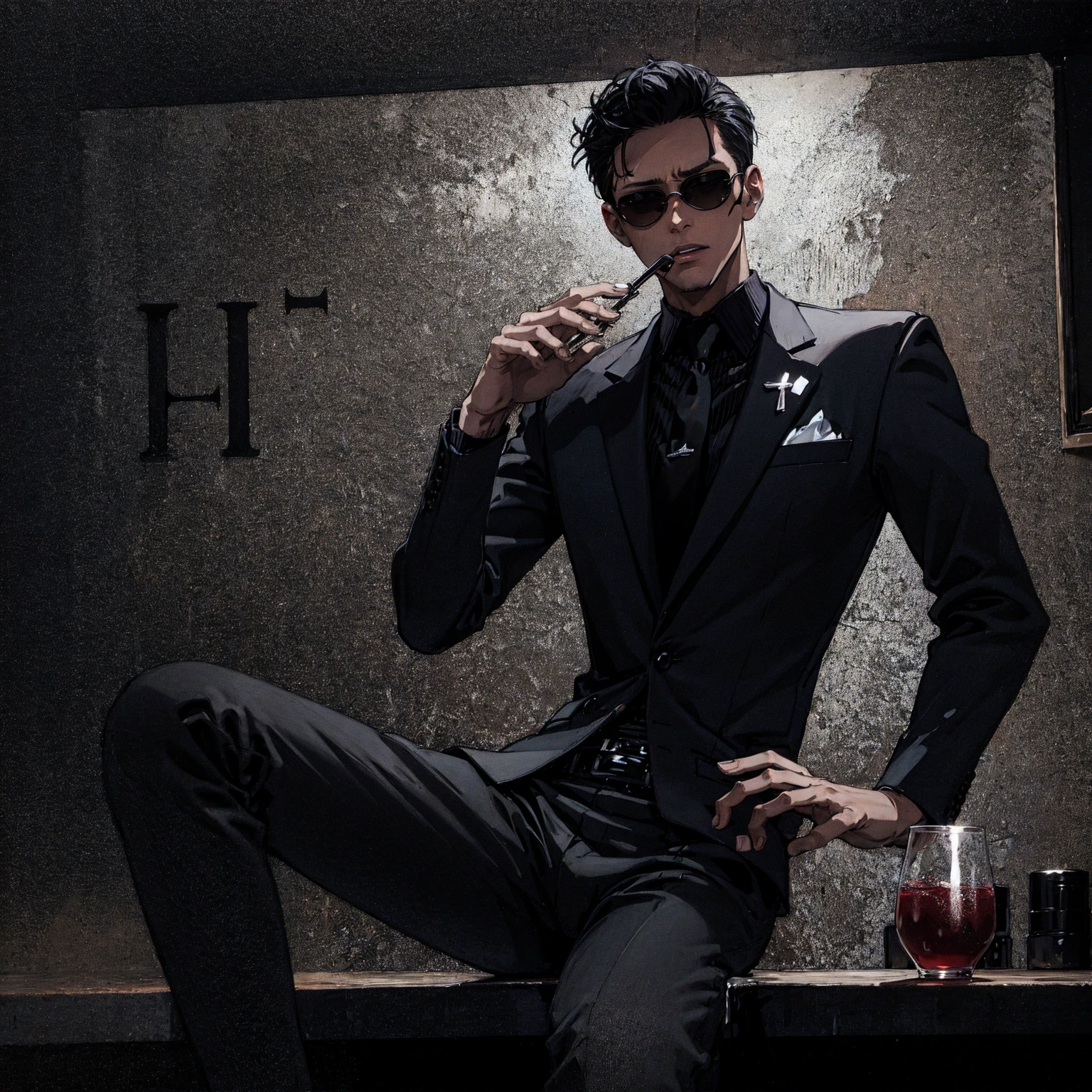 (masterpiece, best quality:1.3), , allblacksuit, 1boy, loose suit, menacing, glowing red eyes, <lora:attire_allblacksuit-12:0.75>, solo, sitting, one leg up, sunglasses, scars, cool, dark dynamic lighting, smoky bar, drinking alcohol,