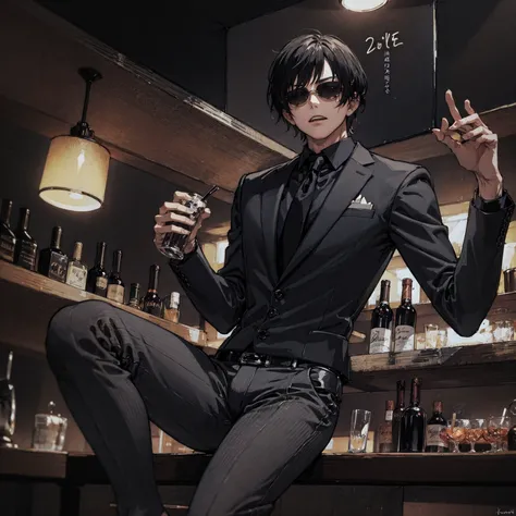 (masterpiece, best quality:1.3), , allblacksuit, 1boy, loose suit, menacing, glowing red eyes, <lora:attire_allblacksuit-12:0.75>, solo, sitting, one leg up, sunglasses, scars, cool, dark dynamic lighting, smoky bar, drinking alcohol,