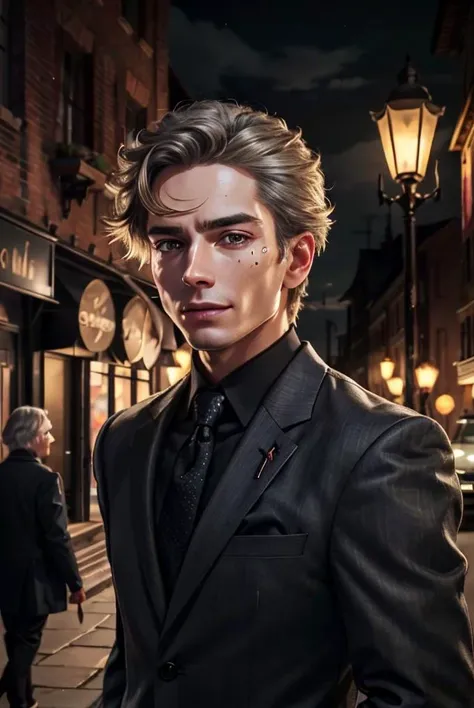 (cowboy shot:1.1), (masterpiece, best quality, high quality, highres, ultra-detailed), lamppost, night, crowd,
1boy, male focus, short hair, sand blonde hair, grey eyes, looking at viewer, light smile, allblacksuit,
AS-Adult, Asian-Less, SkinHairDetail, <lora:attire_allblacksuit:1>,