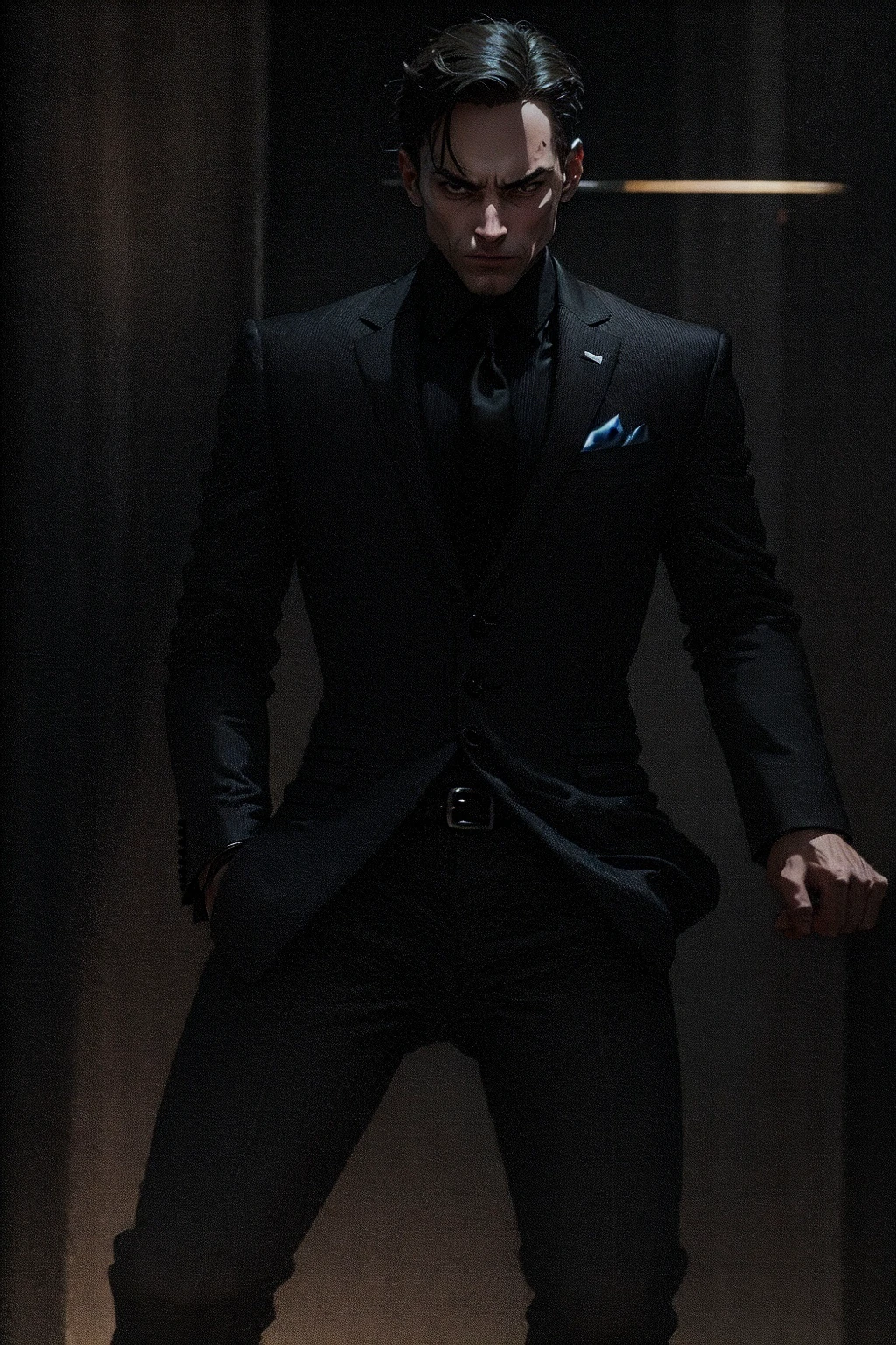 (masterpiece, best quality:1.3), , (allblacksuit:1.1), 1boy, hands in pockets, loose suit, menacing, glowing red eyes, <lora:attire_allblacksuit-12:0.75>