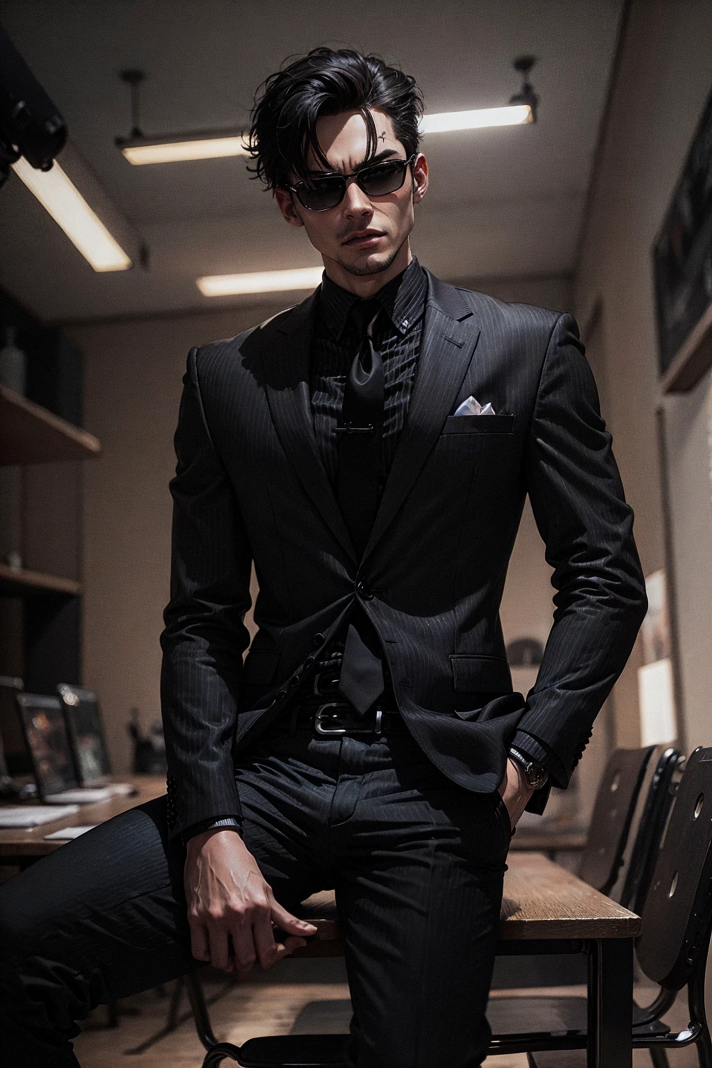 (masterpiece, best quality:1.3), , (allblacksuit:1.1), 1boy, hands in pockets, loose suit, menacing, glowing red eyes, <lora:attire_allblacksuit-12:0.75>, solo, sitting on chair, one leg up on table, sunglasses, scars, cool, dark dynamic lighting,