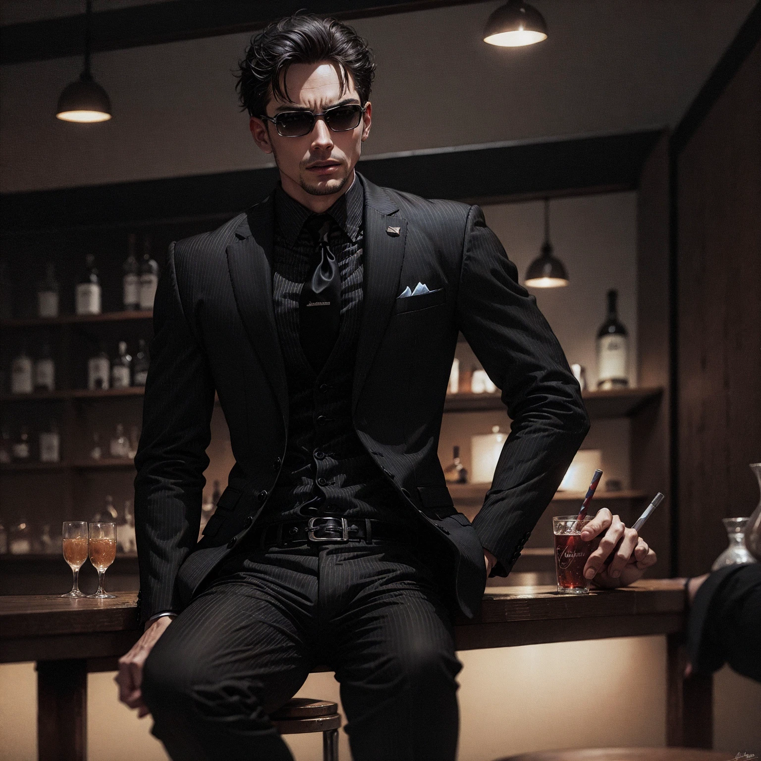 (masterpiece, best quality:1.3), , (allblacksuit:1.1), 1boy, hands in pockets, loose suit, menacing, glowing red eyes, <lora:attire_allblacksuit-12:0.75>, solo, sitting on chair, one leg up, sunglasses, scars, cool, dark dynamic lighting, smoky bar,