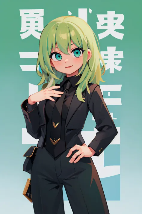 (masterpiece, best quality:1.2), solo, 1girl, fembyleth, smile, looking at viewer, hand on hip, light green hair, green eyes, allblacksuit <lora:byleth-nvwls-ver5:0.8> <lora:attire_allblacksuit-12:1>