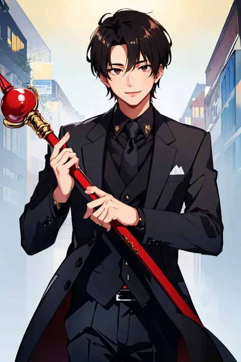 (masterpiece, best quality:1.2), solo, male focus, 1boy, smile, looking at viewer, holding, staff, short hair, black hair, brown eyes, allblacksuit <lyco:UnlimitedBladeWorks1.6:0.9> <lora:attire_allblacksuit-12:0.8>