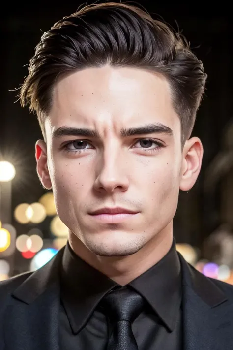 (masterpiece, best quality, high quality, highres, ultra-detailed), lamppost, night, crowd, 
1boy, male focus, short hair, sand blonde hair, grey eyes, looking at viewer, light smile, allblacksuit, 
AS-Adult, Asian-Less, SkinHairDetail, <lora:attire_allblacksuit:1>,