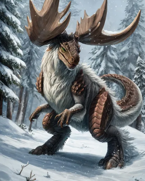 (feral),(banbaro),solo,hi res,soft shading,good anatomy,tail,cinematic lighting,by seraziel,by woolrool,buta99,detailed background,realistic,snow,green eyes,theropod,