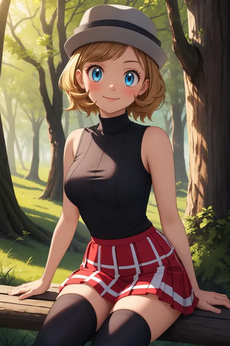 pkmnserena, 1girl, solo, blue eyes, blonde hair, short hair, bangs, hat, grey headwear,
black shirt, turtleneck, sleeveless, red skirt, pleated skirt, black thighhighs,
smile,closed mouth,cowboy shot,sitting,
forest,outdoor,
(insanely detailed, beautiful detailed face, masterpiece, best quality) cinematic lighting,<lora:PKMN_Serena_Gen8_v1:1>, <lora:more_details:0.3>,