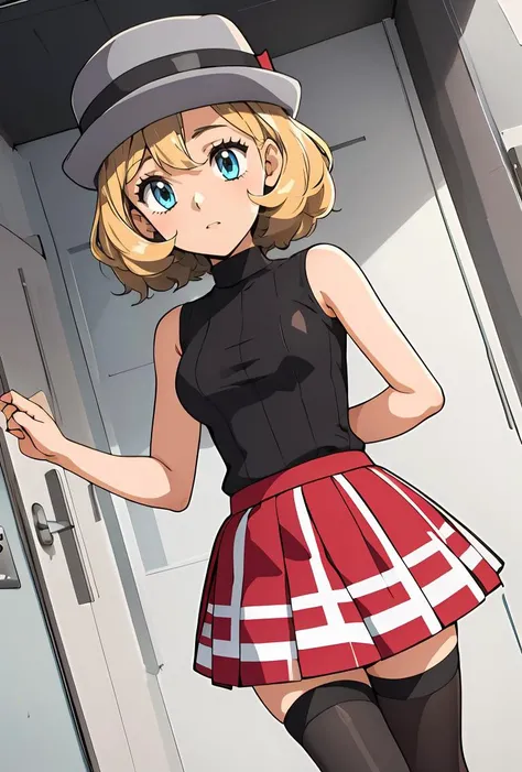 (masterpiece, best quality), 1girl, <lora:PKMN_Serena_Gen8_v1:0.8> pkmnserena, 1girl, solo, blue eyes, blonde hair, short hair, bangs, hat, grey headwear,, black shirt, turtleneck, sleeveless, red skirt, pleated skirt, black thighhighs,