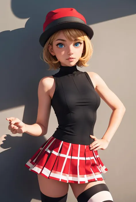 (masterpiece, best quality), 1girl, <lora:PKMN_Serena_Gen8_v1:0.8> pkmnserena, 1girl, solo, blue eyes, blonde hair, short hair, bangs, hat, grey headwear,, black shirt, turtleneck, sleeveless, red skirt, pleated skirt, black thighhighs,