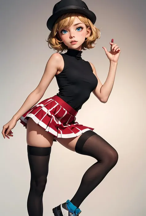 (masterpiece, best quality), 1girl, <lora:PKMN_Serena_Gen8_v1:0.8> pkmnserena, 1girl, solo, blue eyes, blonde hair, short hair, bangs, hat, grey headwear,, black shirt, turtleneck, sleeveless, red skirt, pleated skirt, black thighhighs,
