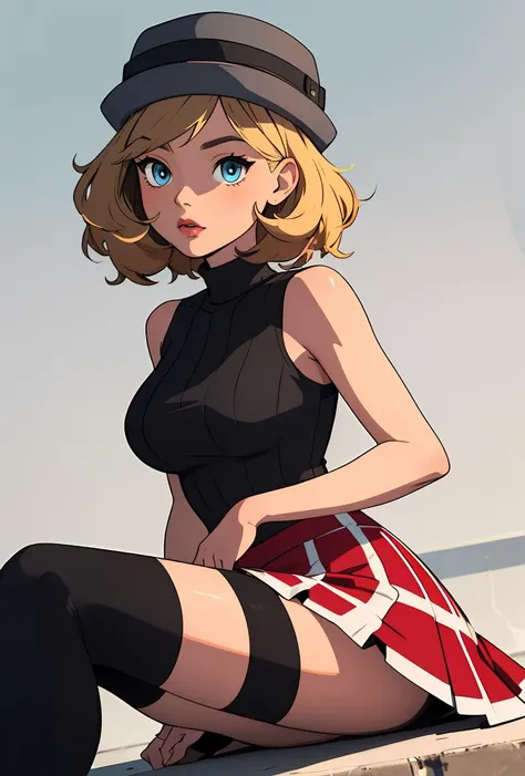 (masterpiece, best quality), 1girl, <lora:PKMN_Serena_Gen8_v1:0.8> pkmnserena, 1girl, solo, blue eyes, blonde hair, short hair, bangs, hat, grey headwear,, black shirt, turtleneck, sleeveless, red skirt, pleated skirt, black thighhighs,