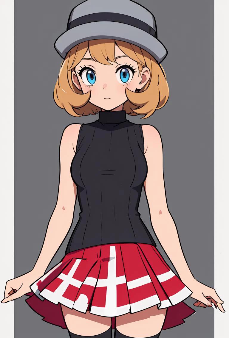 (masterpiece, best quality), 1girl, <lora:PKMN_Serena_Gen8_v1:0.8> pkmnserena, 1girl, solo, blue eyes, blonde hair, short hair, bangs, hat, grey headwear,, black shirt, turtleneck, sleeveless, red skirt, pleated skirt, black thighhighs,