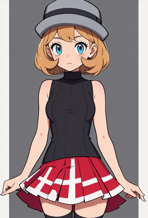 (masterpiece, best quality), 1girl,    <lora:PKMN_Serena_Gen8_v1:0.8> pkmnserena, 1girl, solo, blue eyes, blonde hair, short hair, bangs, hat, grey headwear,, black shirt, turtleneck, sleeveless, red skirt, pleated skirt, black thighhighs,