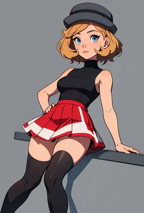 (masterpiece, best quality), 1girl, <lora:PKMN_Serena_Gen8_v1:0.8> pkmnserena, 1girl, solo, blue eyes, blonde hair, short hair, bangs, hat, grey headwear,, black shirt, turtleneck, sleeveless, red skirt, pleated skirt, black thighhighs,