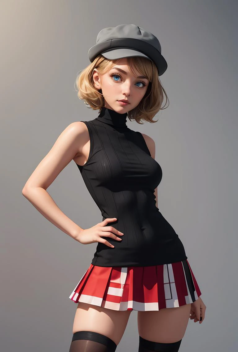 (masterpiece, best quality), 1girl, <lora:PKMN_Serena_Gen8_v1:0.8> pkmnserena, 1girl, solo, blue eyes, blonde hair, short hair, bangs, hat, grey headwear,, black shirt, turtleneck, sleeveless, red skirt, pleated skirt, black thighhighs,