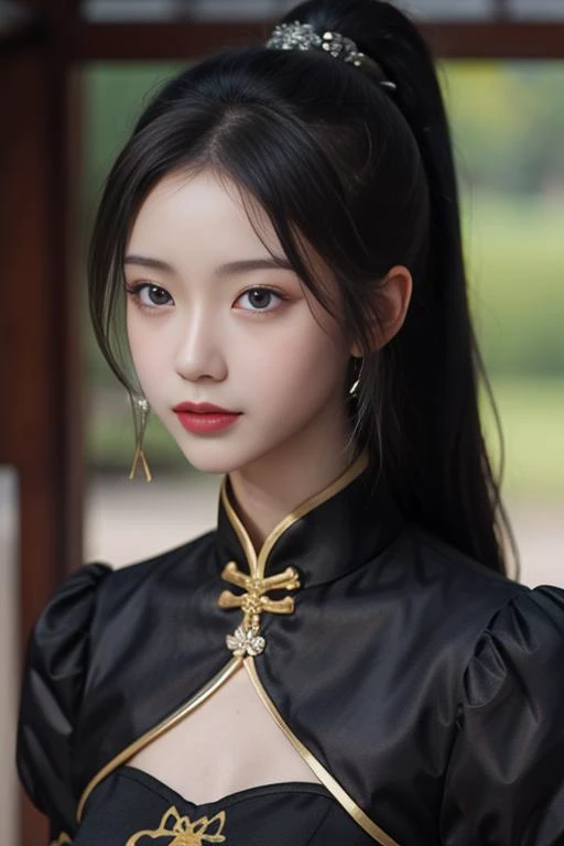 ltra-detailed,highly detailed,best quality,masterpiece,illustration,realistic,
ninghongye,longzhidao, solo, 1girl,
black hair, ponytail, long hair, hair ribbon, hair ornament,
chinese clothes, china dress,ribbon,puffy short sleeves, corset, tassel, clothing cutout,
portrait, close-up, upper body, looking at viewer,
<lora:ninghongye longzhidao_v1_07:0.7>
