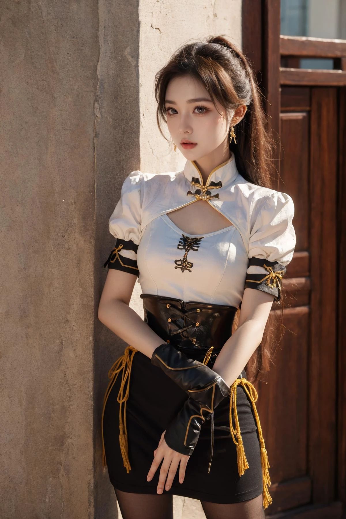 (Best Quality, Masterpiece:1.4), (Realism:1.2), (Realisitc:1.2), (Absurdres:1.2), (photorealistic:1.3), Realistic Skin,Solo,( Very Big Eyes,beautiful detailed eyes, symmetric eyes,), ((cowboy shot)), 1girl, standing, <lora:ninghongye longzhidao_20231220022535:0.5>,ninghongye,longzhidao,chinese clothes,china dress,ribbon,puffy short sleeves,corset,tassel,clothing cutout,fingerless gloves,pantyhose,