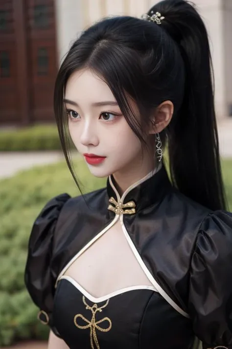 ltra-detailed,highly detailed,best quality,masterpiece,illustration,realistic,
ninghongye,longzhidao, solo, 1girl, 
black hair,  ponytail, long hair, hair ribbon,  hair ornament, 
chinese clothes, china dress,ribbon,puffy short sleeves,  corset, tassel, clothing cutout, 
portrait, close-up, upper body, looking at viewer, 
<lora:ninghongye longzhidao_v1_07:0.7>