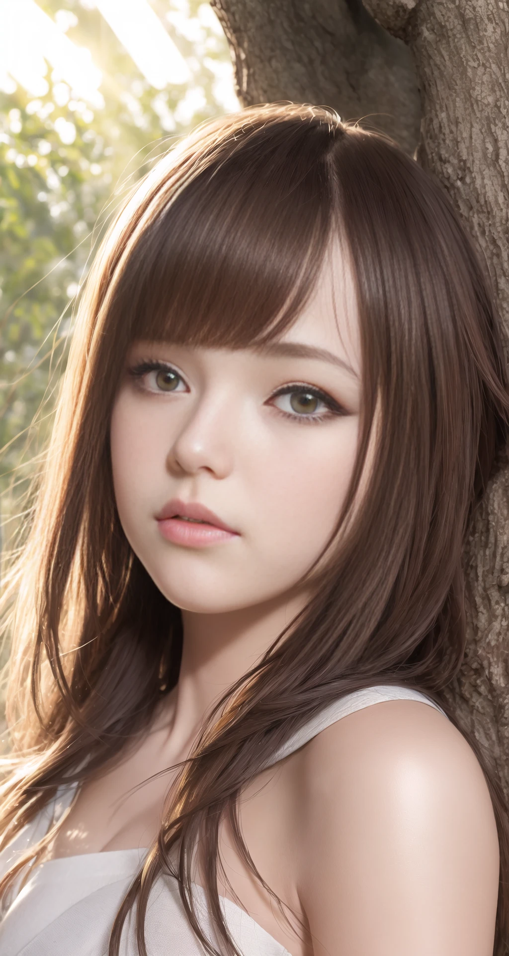 best quality, masterpiece, (realistic:1.2), 1 girl, brown hair, brown eyes,Front, detailed face, beautiful eyes,chinese clothes, sunlight, tree, Front