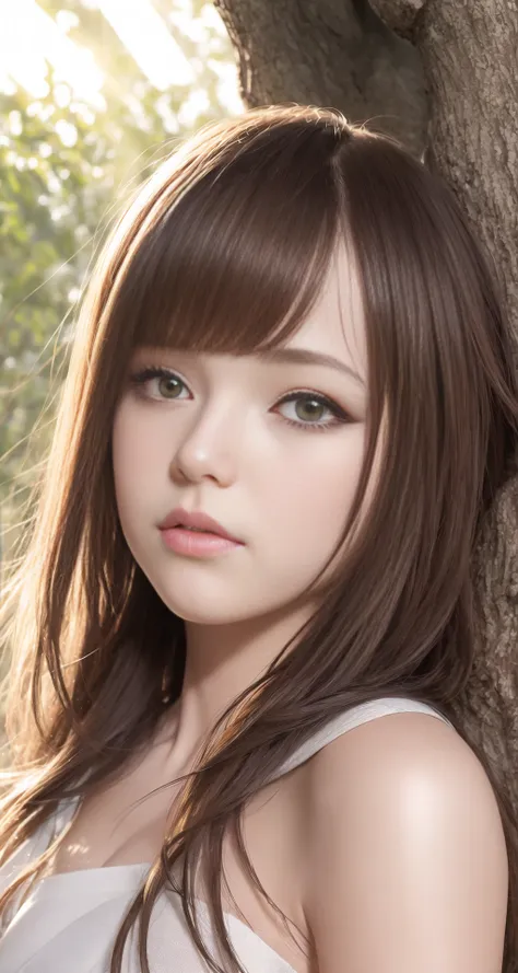 best quality, masterpiece, (realistic:1.2), 1 girl, brown hair, brown eyes,Front, detailed face, beautiful eyes,chinese clothes, sunlight, tree, Front