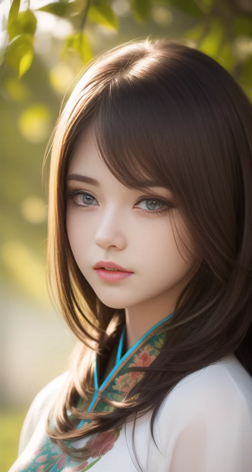 best quality, masterpiece, (realistic:1.2), 1 girl, brown hair, brown eyes,Front, detailed face, beautiful eyes,chinese clothes, sunlight, tree, Front
