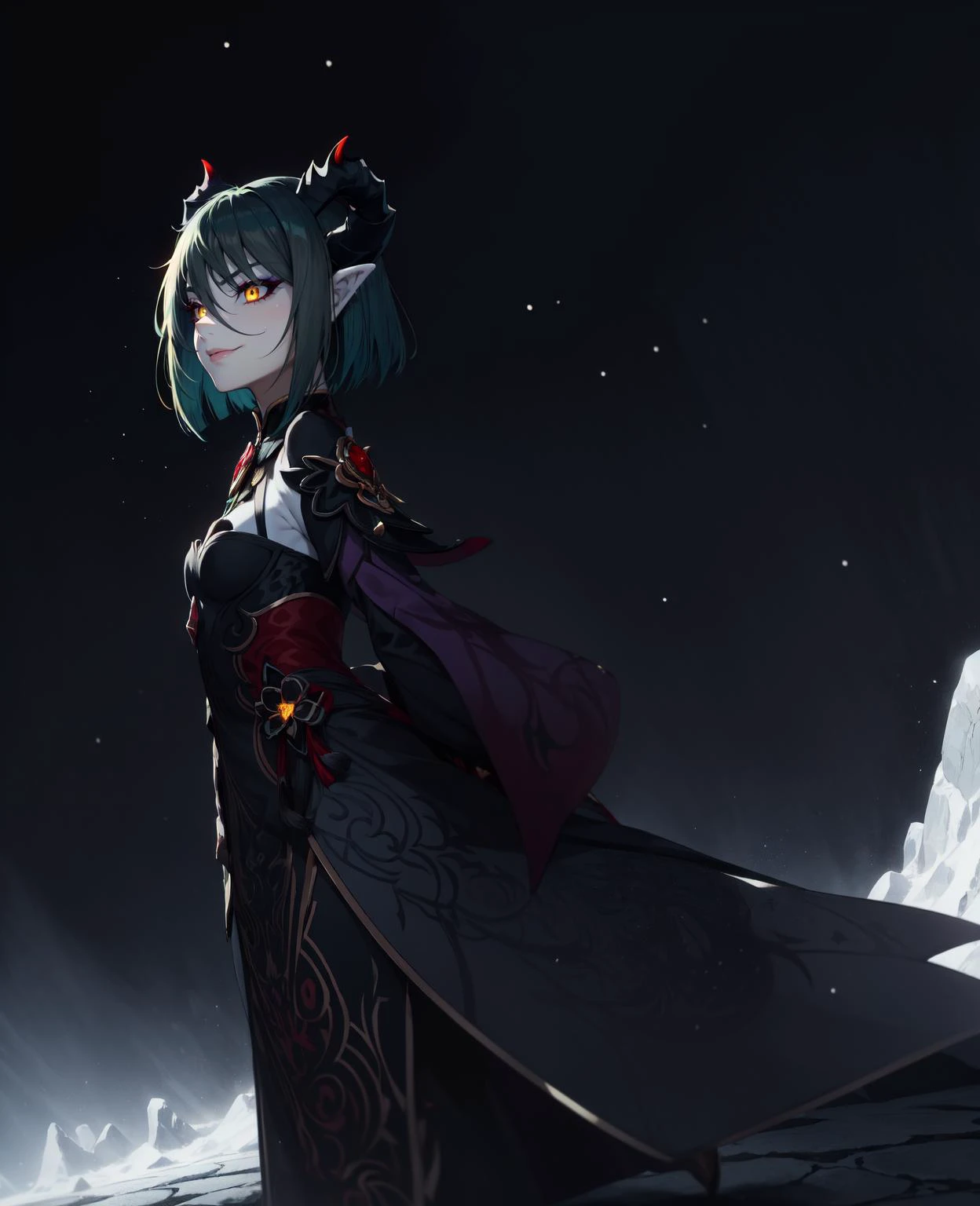 by lansane, (anime screencap:0.8), masterpiece, best quality,
1girl, full body, solo, face focus, mgedemon, portrait, symmetry,
green hair, bob cut, big hair, bangs, parted bangs, gorgeous horns, demon, black horns,
purple eyeshadow, tsurime, long eyelashes, thick eyelashes, looking away, glowing eyes, yellow eyes, makeup,
mad smirk, scales, lips, relaxed,
(small breasts), serafuku,
standing, v arms, sweatdrop,
scale sundress, starry prints,
throne background, (stone floor:1.1), simple background, best quality, genshin impact, light particles, snow drop, dynamic angle,
<lora:Tsurime:1> <lora:add_detail:0.6> <lora:yaosiv2:0.2> <lora:hyperdetailer_v095:1> <lora:mgedemon:1>