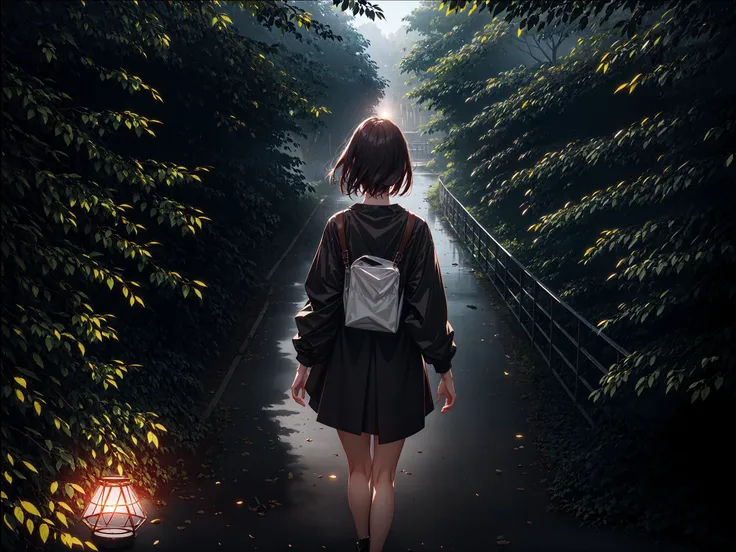 from above, from behind, upper body, 1girl walking trough the park, epiCPhoto, best quality, cinematic lighting, hdr,dark shot,/ <lora:hyperdetailer_v095:0.4>