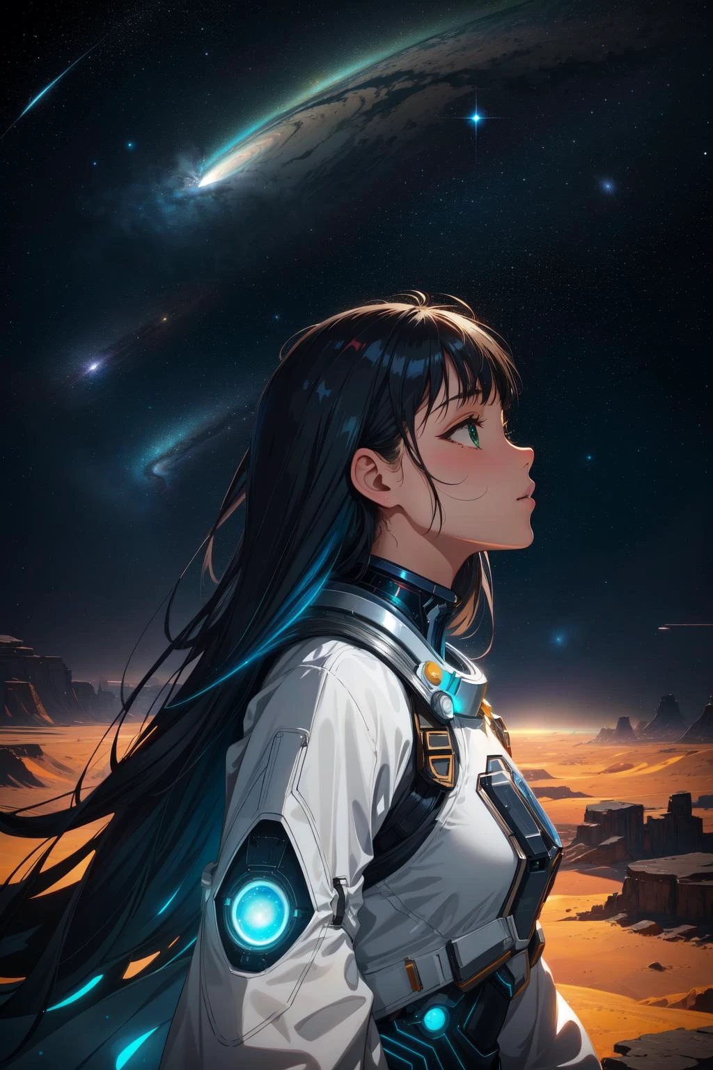 1girl, space art by Jessica Rossier, shot from side of a Evil Nasty Nima, space, Interstellar cloud, stars and moons, dark with bright Green spots, wearing Waxed cotton, Braces, Smoky Conditions, L USM, Single Color, glittering, Zentangle, womanly