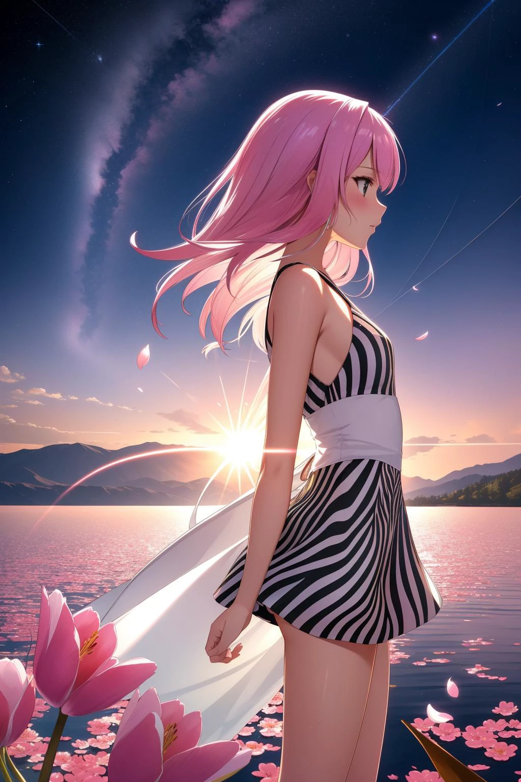 1girl, awardwinning Unity Engine, award winning, side-profile of a ("Wailing Soul":1.3) , it is very Exceptional and Complex, fantasy, ethereal, zebra print aura inside a Nerdy lake, cherry blossom pink beach with Tulip, Sun in the sky, Very wide view, Confused, Glitchcore, Beautifully Lit, pinhole lens, Fujifilm Superia, cosmic energy, Light streaks, HDR, unreal engine