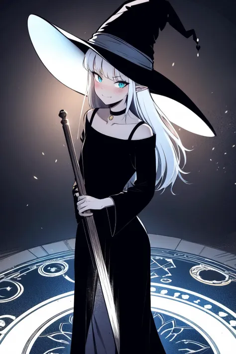 detailed background, best quality, masterpiece, cinematic lighting, highly detailed,
sketch graphite (medium), kashu (hizake), 1girl, small breasts, long hair, straight hair, white hair, blunt bangs, azure eyes, pointy ears, long eyelashes, choker, blush, witch hat, black [dress|robe|dress], mage, (smug:1.1), smirk, fang out, exaggerated expression, outdoors, nature, standing, magic circle, holding staff,